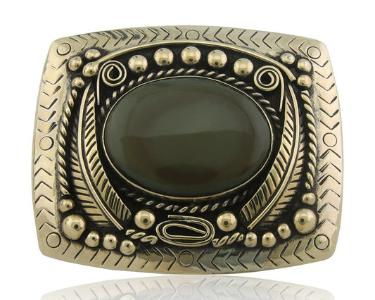 Navajo Belt Buckle .999 Nickel Agate Native Artist Handmade 2.5 x 3.0 in C.80s