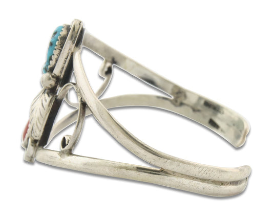 Vintage Navajo Bracelet 925 Silver Red Coral Turquoise Authentic