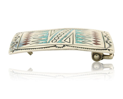 Navajo Belt Buckle 925 Sterling Silver Turquoise Coral Signed Stanley Bains C80s