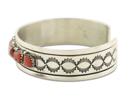 Vintage Navajo Bracelet 925 Silver Red Coral handmade Signed Maria B