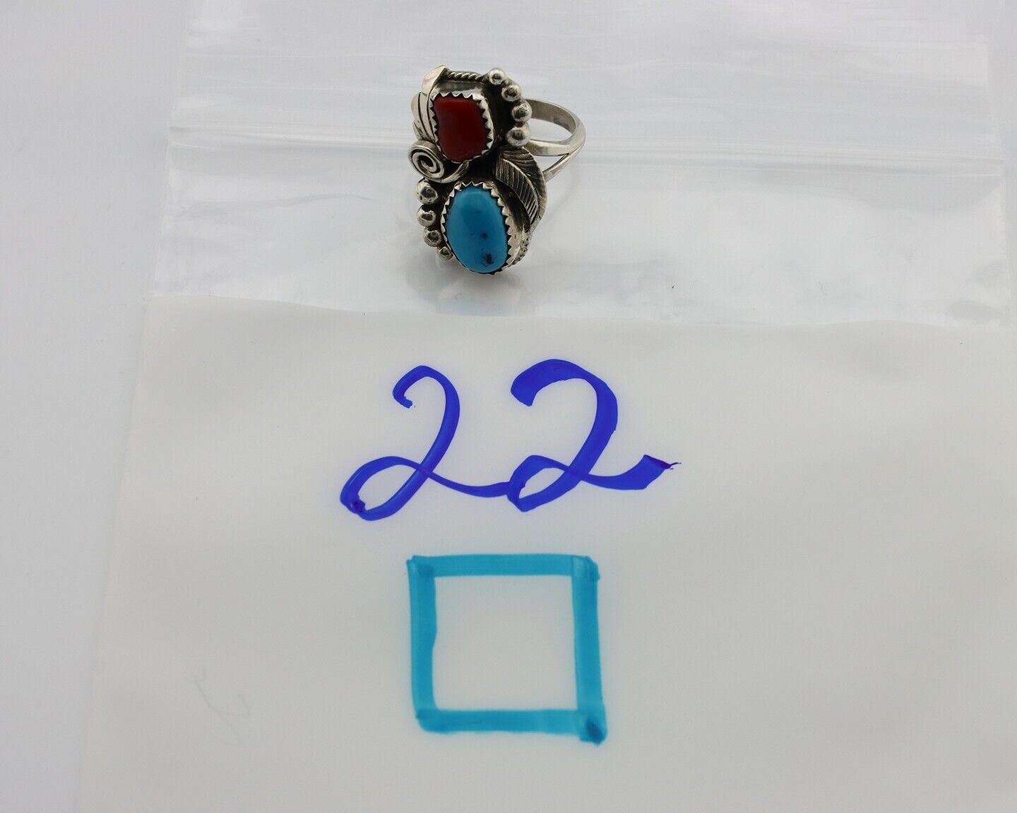Navajo Ring .925 Silver Turquoise & Coral Artist Signed Justin Morris C.80's