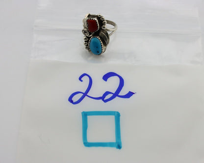 Navajo Ring .925 Silver Turquoise & Coral Artist Signed Justin Morris C.80's
