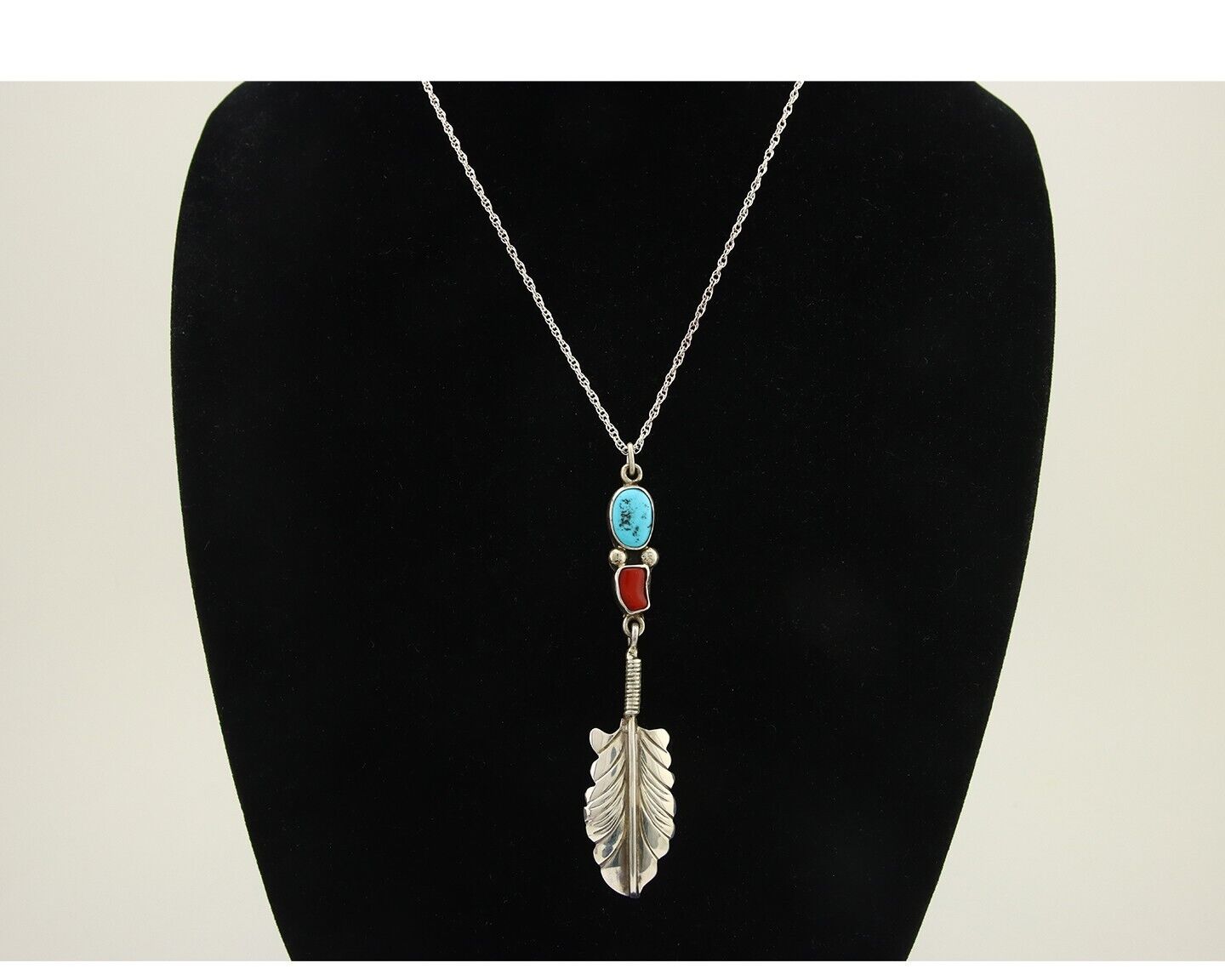 Navajo Feather Necklace 925 Silver Turquoise & Coral Signed M Montoya C.80's