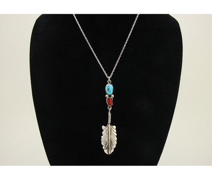 Navajo Feather Necklace 925 Silver Turquoise & Coral Signed M Montoya C.80's