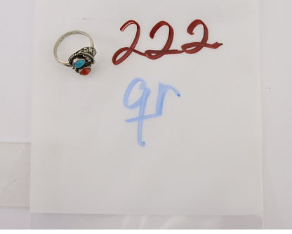 Navajo Handmade Ring 925 Silver Coral & Turquoise Native Artist C.80's