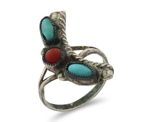 Vintage Navajo Ring 925 Sterling Silver Traditional Authentic Coral & Turquoise