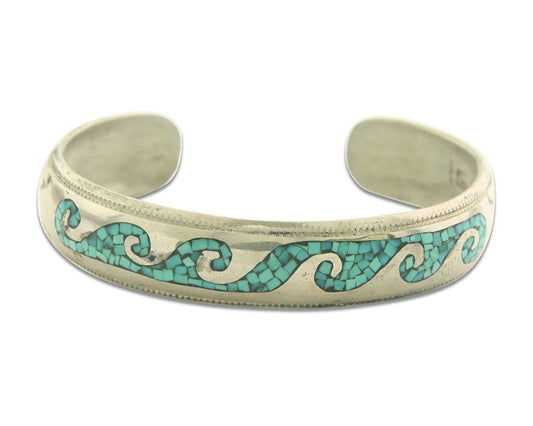 Navajo Bracelet 925 Silver Inlaid Turquoise Cuff Artist Signed LB C.80's