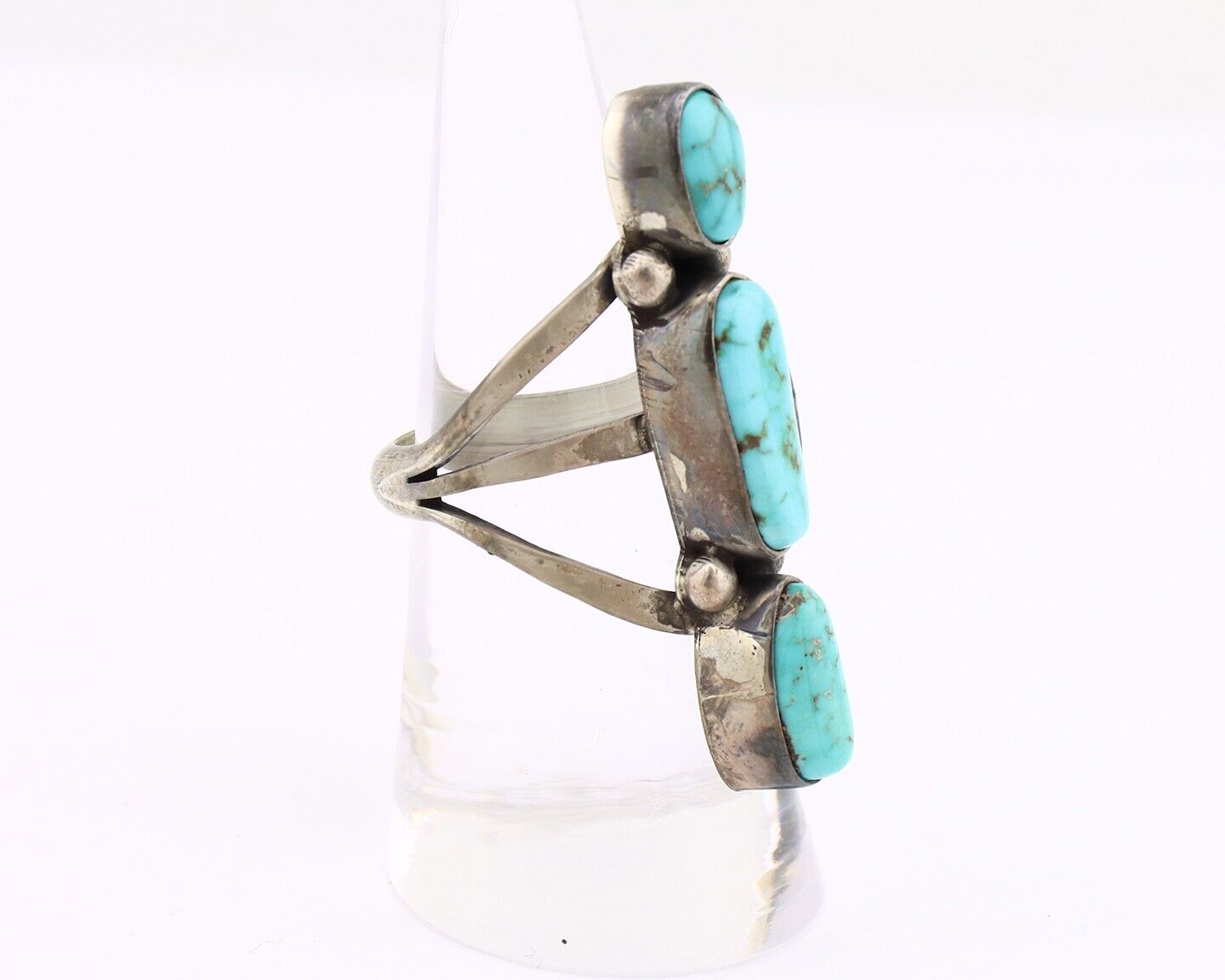 Navajo 3 Stone Ring 925 Silver Morenci Turquoise Native American Artist C.80's