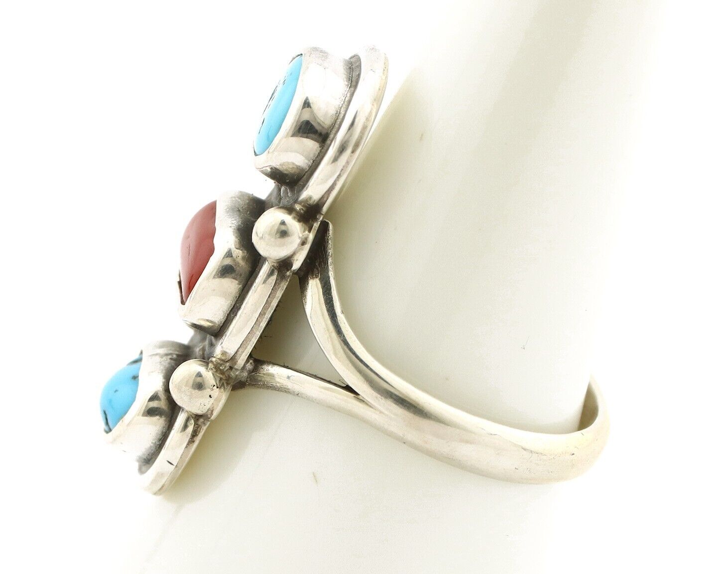Navajo Ring 925 Silver Sleeping B Turquoise & Coral Native American Artist C.80s