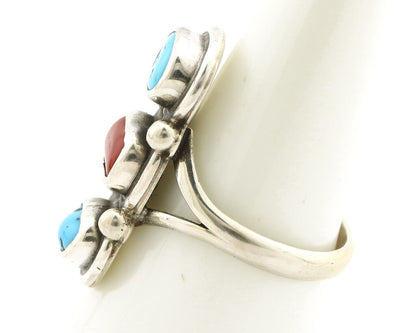 Navajo Ring 925 Silver Sleeping B Turquoise & Coral Native American Artist C.80s