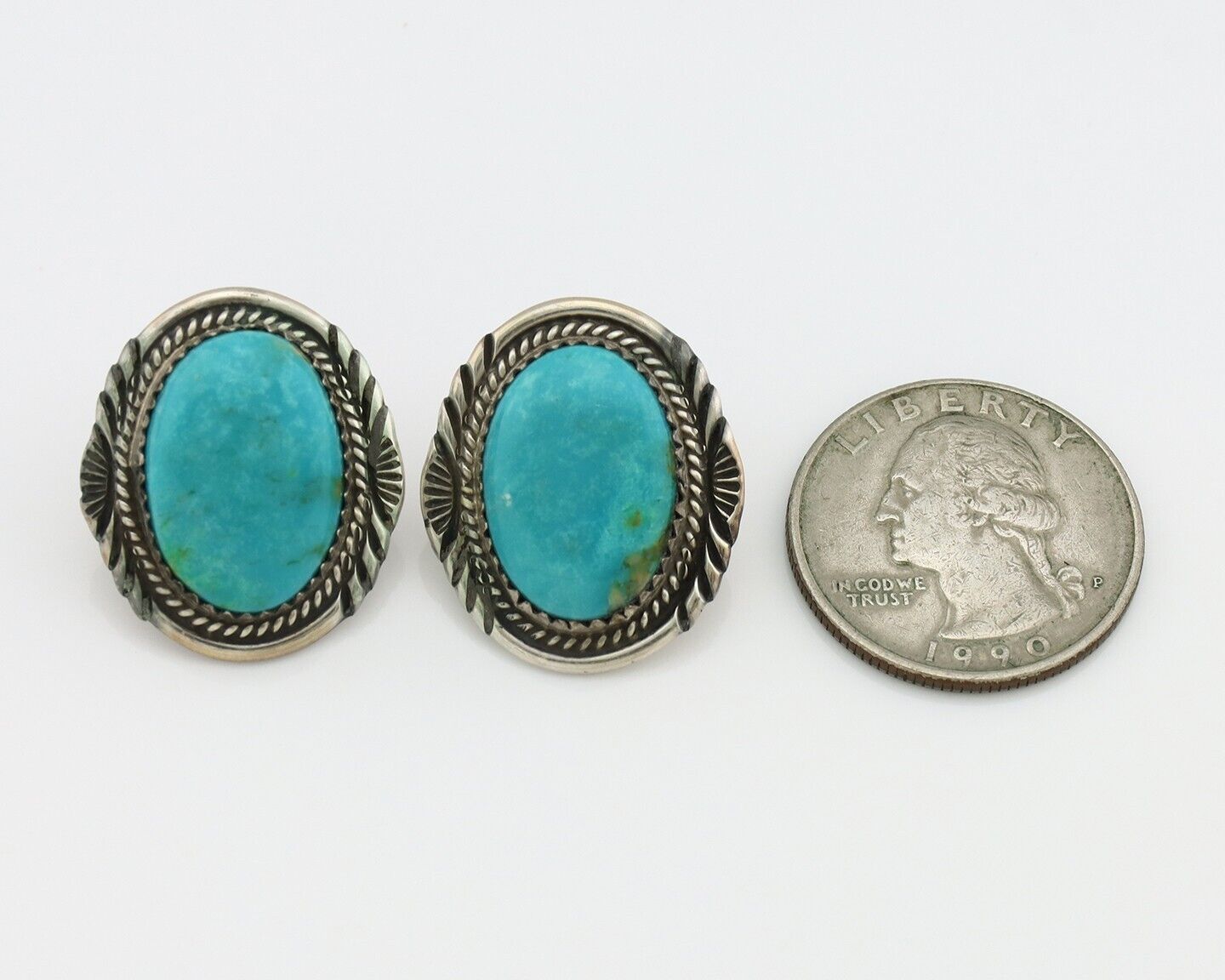 Navajo Hand Stamped Earrings 925 Silver Natural Turquoise Signed M Begay C.80's