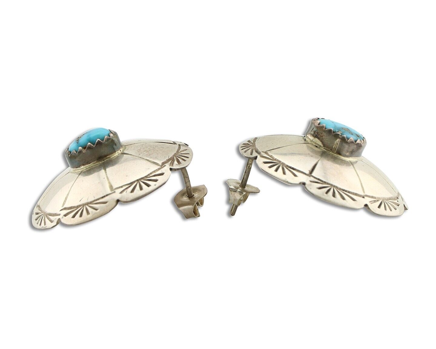 Navajo Hand Stamped Earrings 925 Silver Turquoise Signed Dean Brown C.80's