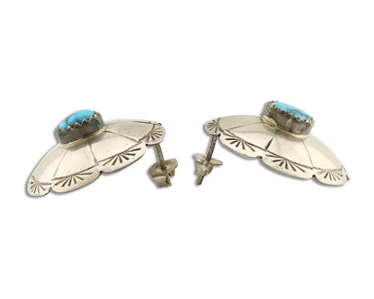 Navajo Hand Stamped Earrings 925 Silver Turquoise Signed Dean Brown C.80's