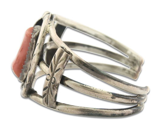 Vintage Navajo Bracelet 925 Silver Red Coral handmade Traditional Cuff C.70's