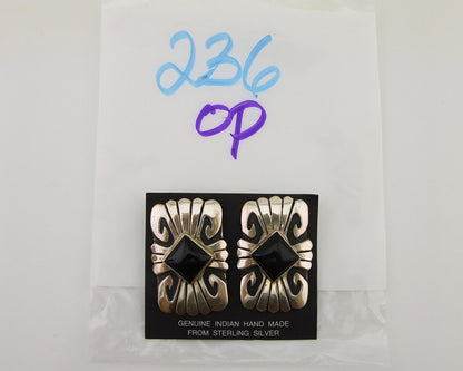 Navajo Handmade Earrings 925 Silver Onyx Artist Signed Thomas Singer C.70's