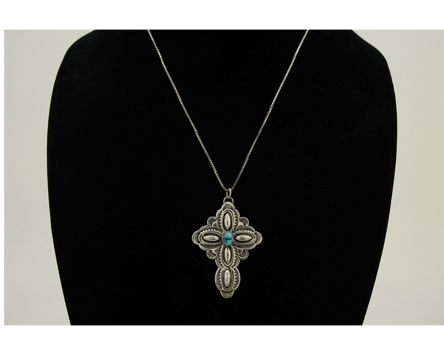 Navajo Cross Hand Stamped Necklace 925 Silver Turquoise Artist JRS C.80's