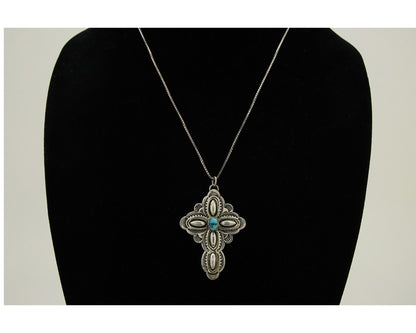 Navajo Cross Hand Stamped Necklace 925 Silver Turquoise Artist JRS C.80's