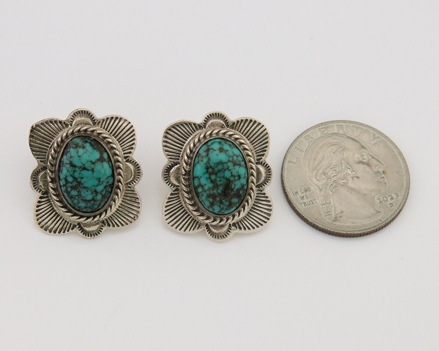 Navajo Earrings 925 Silver Inlaid Turquoise Artist Signed William Denetdale C80s