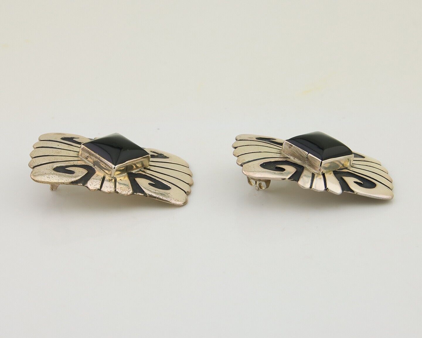 Navajo Handmade Earrings 925 Silver Onyx Artist Signed Thomas Singer C.70's
