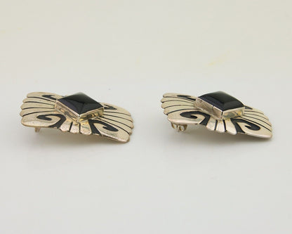 Navajo Handmade Earrings 925 Silver Onyx Artist Signed Thomas Singer C.70's
