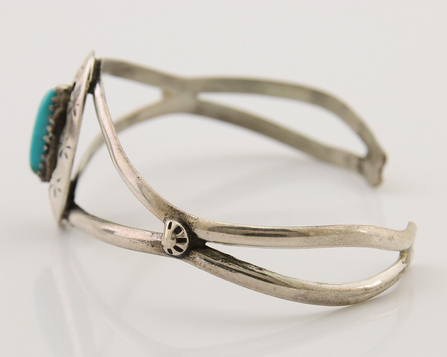 Navajo Hand Stamped Cuff Bracelet Turquoise 925 Silver Artist Signed IJC C.80's