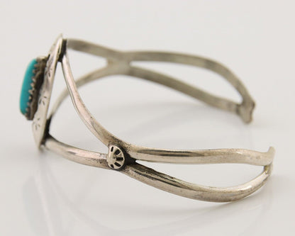 Navajo Hand Stamped Cuff Bracelet Turquoise 925 Silver Artist Signed IJC C.80's