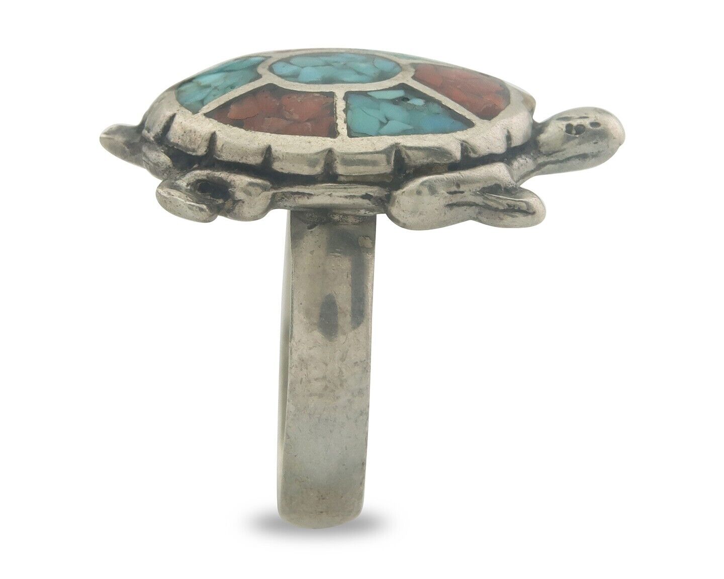 Navajo Ring 925 Silver Inlaid Turtle Turquoise & Coral C.80's Size 8.25
