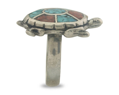 Navajo Ring 925 Silver Inlaid Turtle Turquoise & Coral C.80's Size 8.25