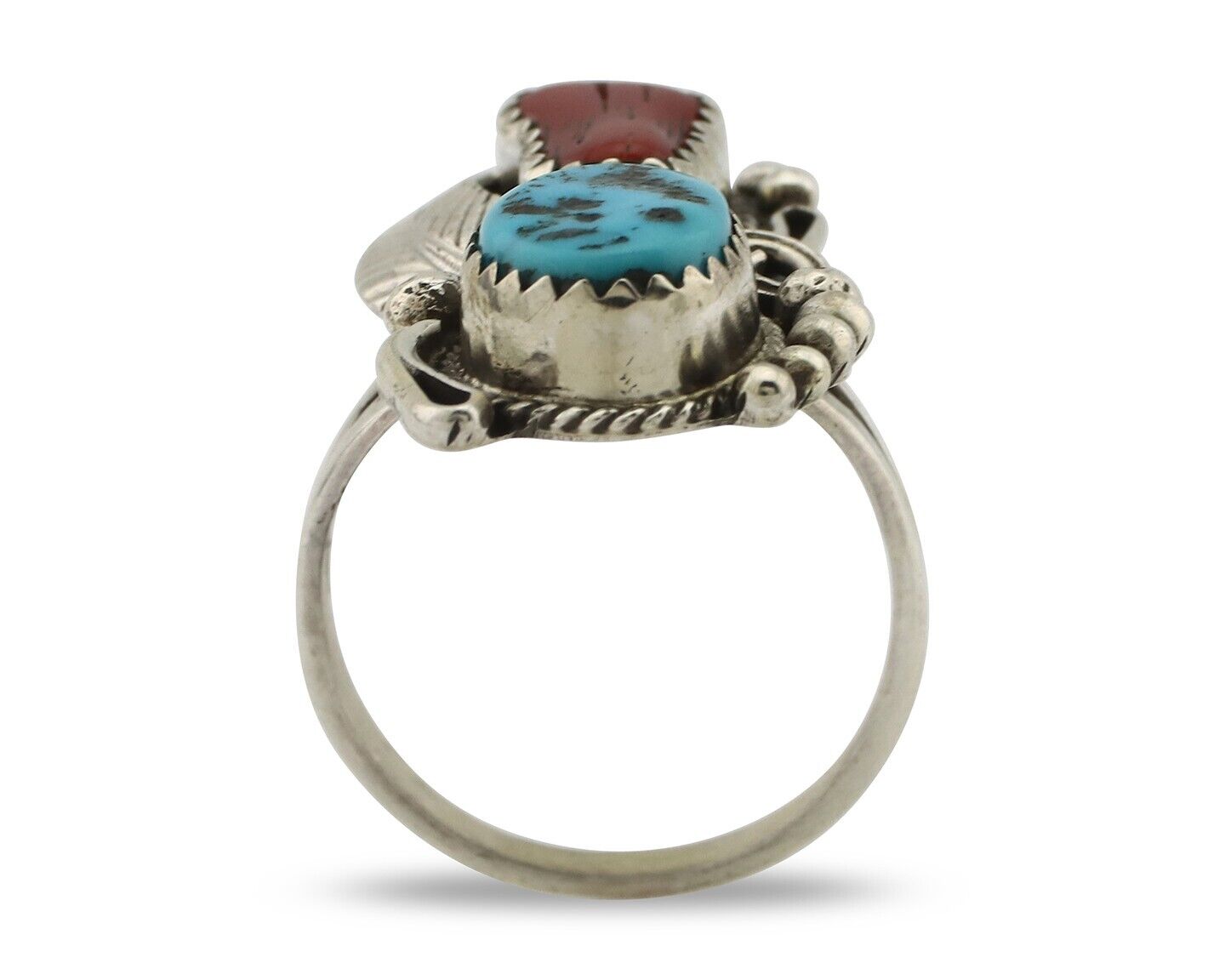 Navajo Ring .925 Silver Turquoise & Coral Artist Signed Justin Morris C.80's