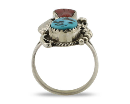 Navajo Ring .925 Silver Turquoise & Coral Artist Signed Justin Morris C.80's