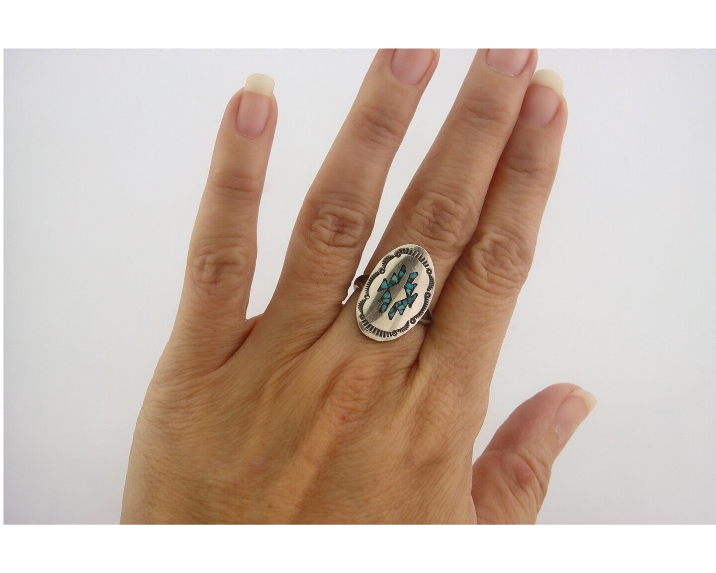 Navajo Ring 925 Sterling Natural Chip Inlay Turquoise C.80's Size 5.75