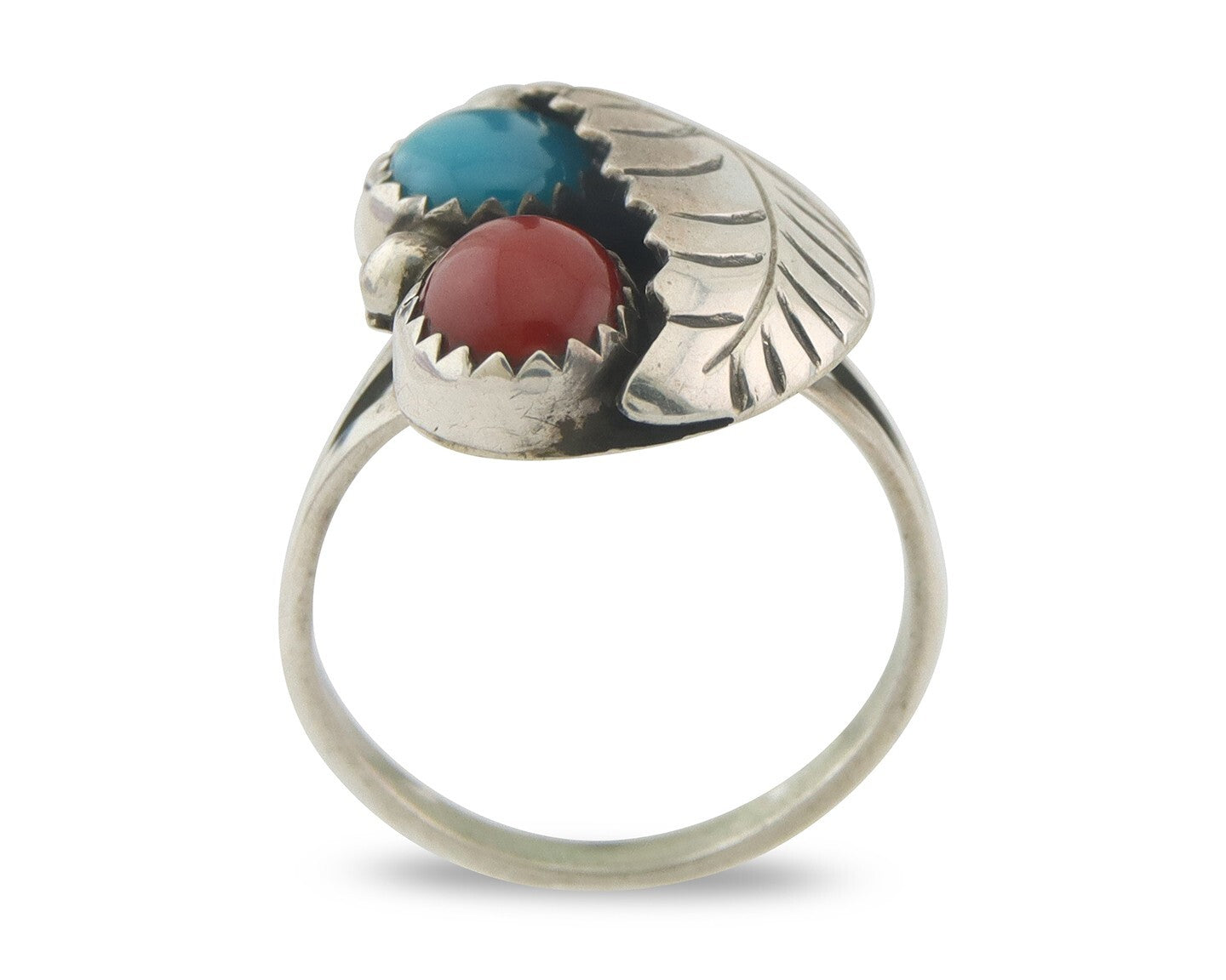 Navajo Ring 925 Sterling Natural Coral & Turquoise Signed BB C.80's Size 6.0