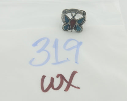 Navajo Ring 925 Silver Inlaid Butterfly Turquoise & Coral C.80's Size 5.0