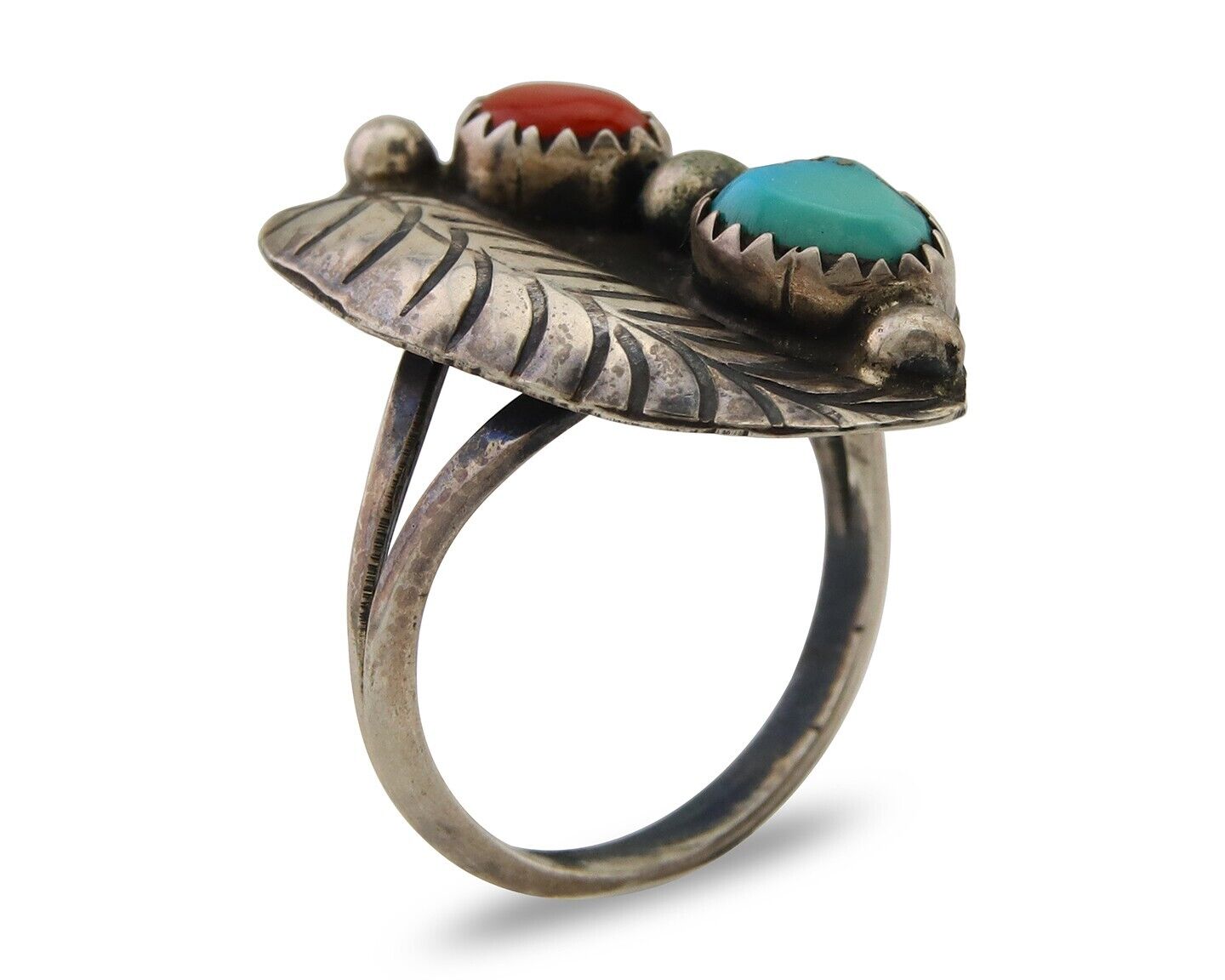 Navajo Ring 925 Silver Turquoise & Coral Artist Signed Moore C.80's