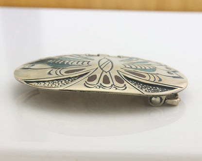 Navajo Belt Buckle .999 Nickel Buffalo Gemstone Signed Chee Keams C.80s