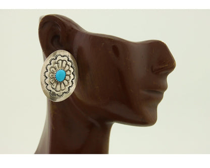 Navajo Earrings 925 Silver Concho Hand Stamped Turquoise Native Artist C.80's