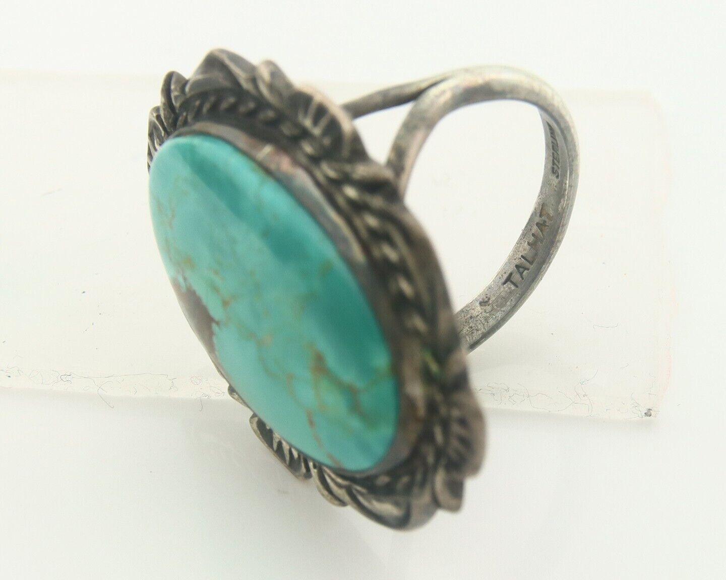Navajo Ring 925 Sterling Turquoise Handmade Signed TALHAT C.80's Size 8.0