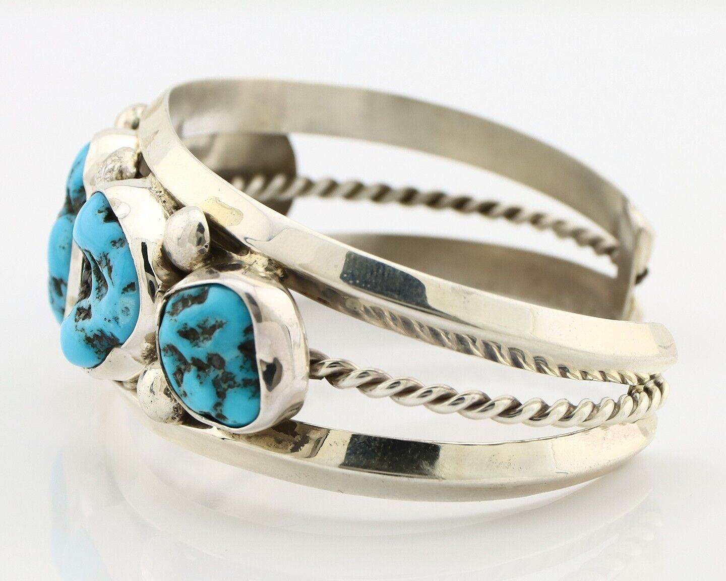 Navajo Bracelet 925 Silver Nugget Sleeping Beauty Turquoise Artist Signed JR C80
