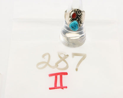 Navajo Ring 925 Sterling Turquoise & Coral Native Artist C.80's Size 6.5