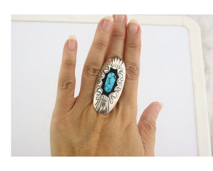 Navajo Ring 925 Sterling Turquoise Hand Stamped Signed J Martinez C.80's Sz 6.75