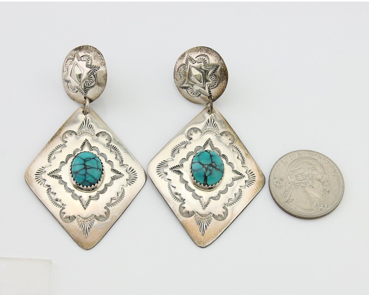 Navajo Dangle Earrings 925 Silver Natural Blue Turquoise Artist Signed LS C.80's