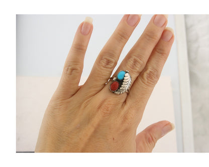 Navajo Ring 925 Sterling Natural Coral & Turquoise Signed BB C.80's Size 7.0
