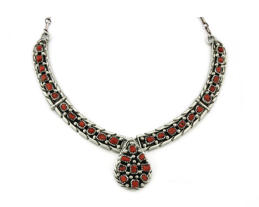Navajo Necklace 925 Sterling Silver Natural Coral Vintage Artist Signed D