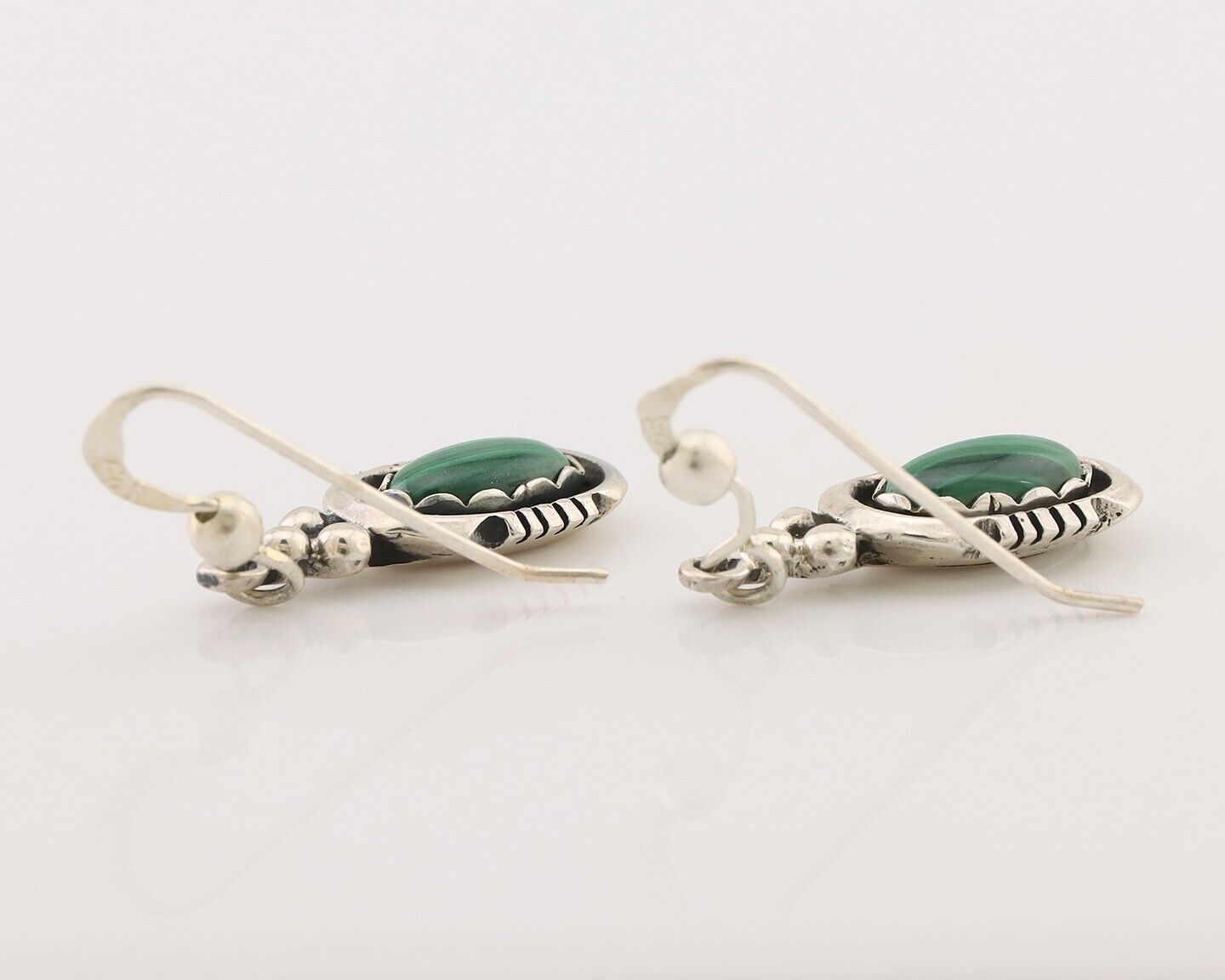 Navajo Dangle Earrings 925 Silver Natural Malachite Native American Artist C.80s