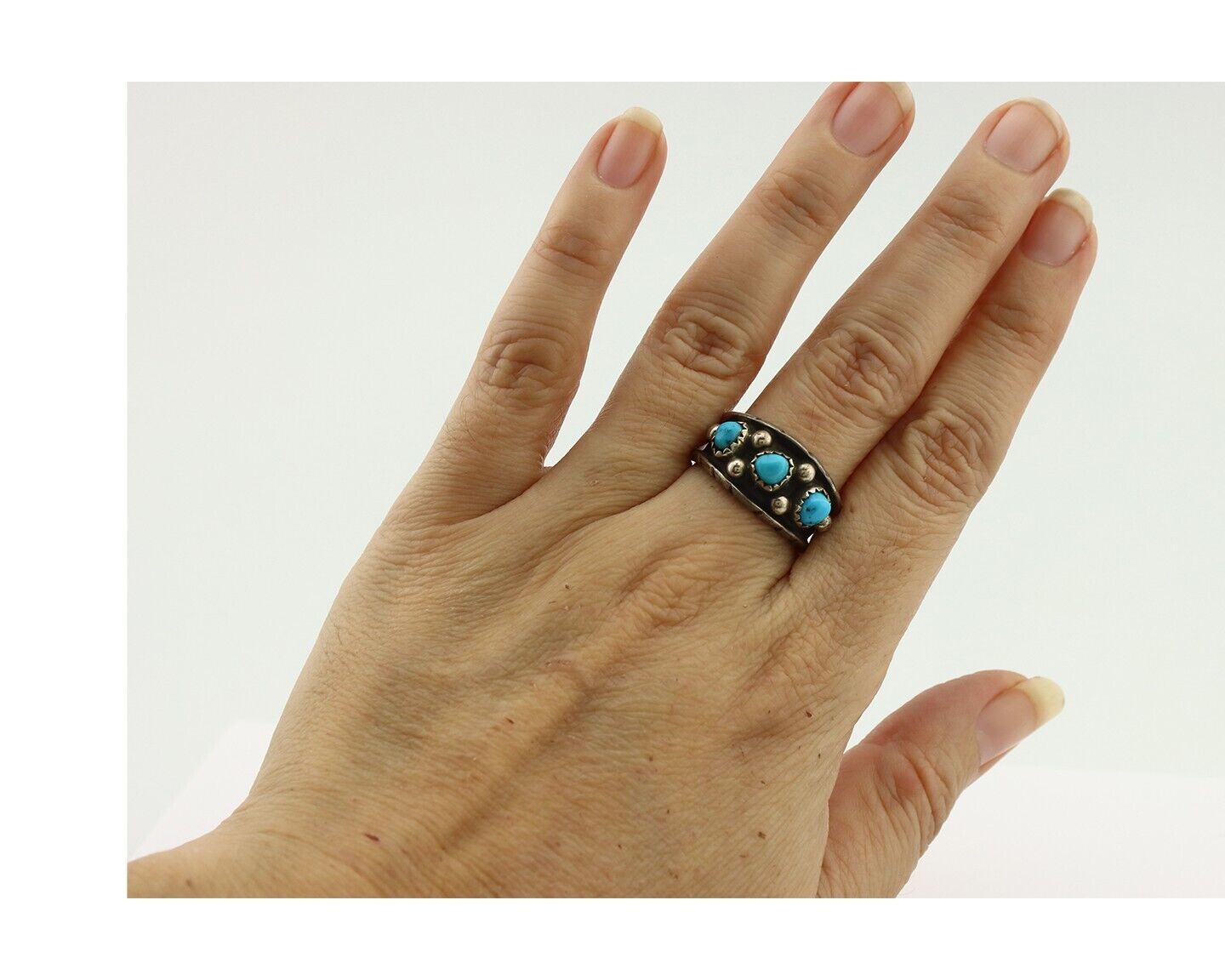 Zuni Ring .925 Silver Natural Sleeping Beauty Turquoise Signed MZR C.80's