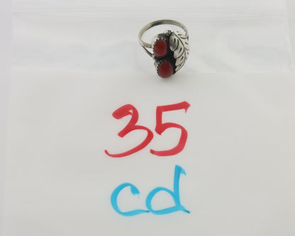 Navajo Handmade Ring 925 Silver Natural Mediterranean Coral Signed 88 C.80's