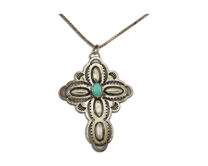 Navajo Cross Hand Stamped Necklace 925 Silver Turquoise Artist JRS C.80's