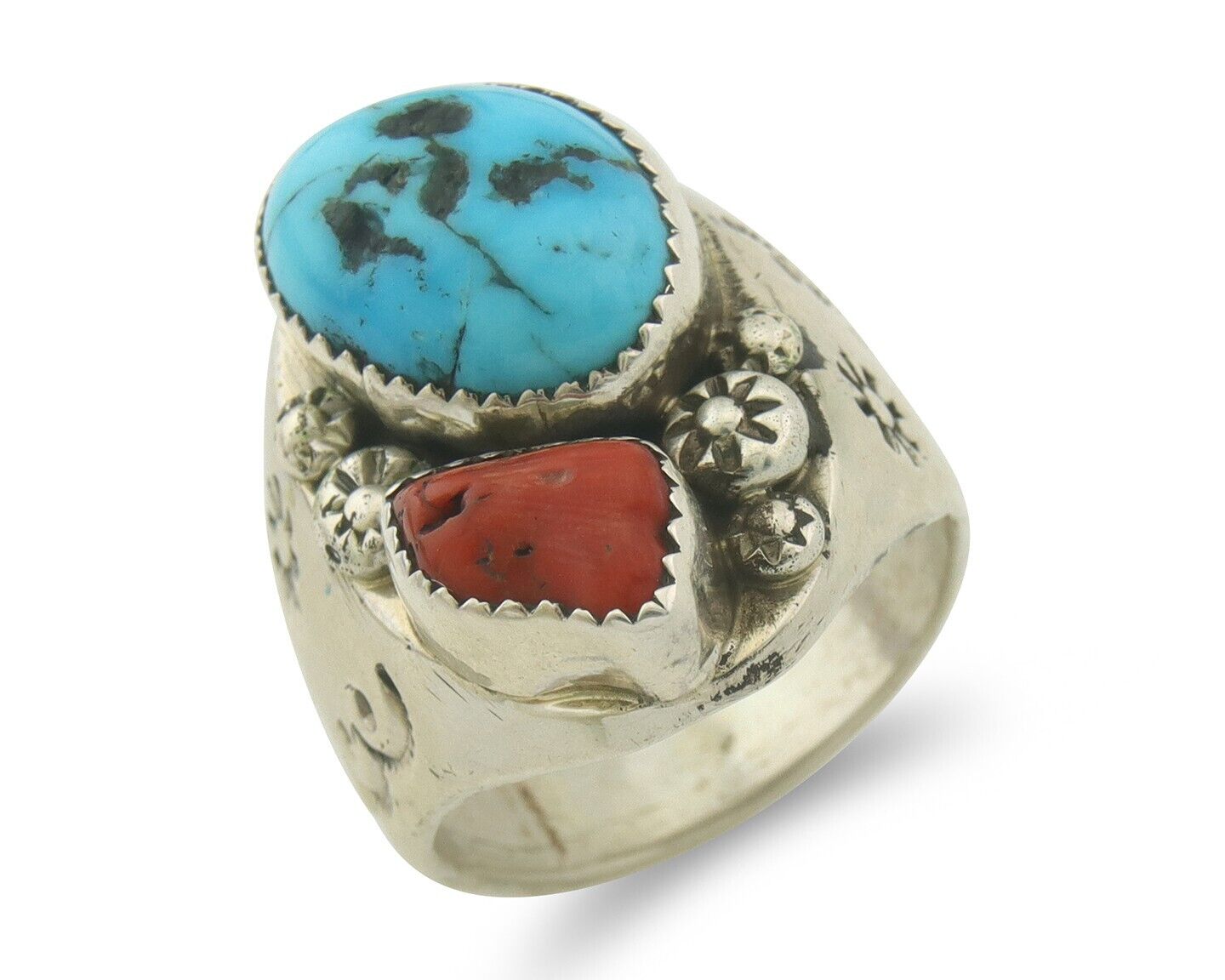 Men Heavy Navajo Ring 925 Sterling Natural Coral & Turquoise C.80's Size 11