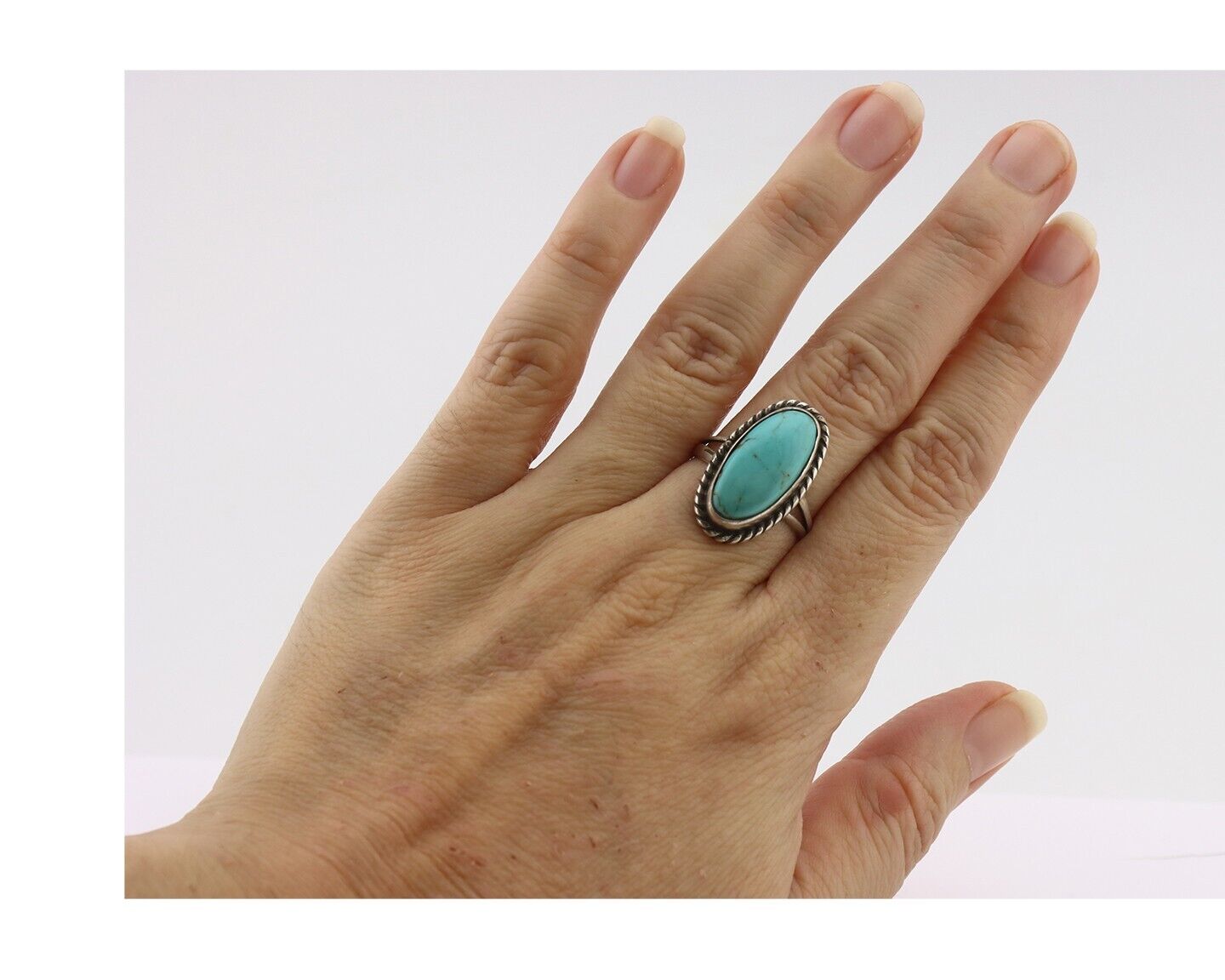 Navajo Ring 925 Silver Natural Kingman Turquoise Signed M Montoya C.80's