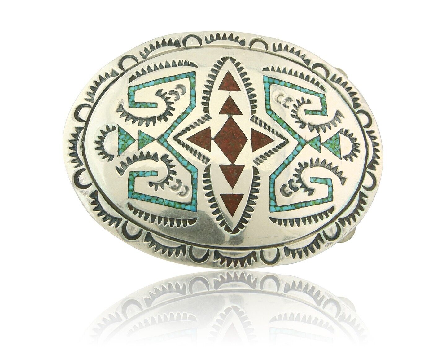 Vintage Navajo Belt Buckle 925 Silver Inlaid Gemstone Signed Stanley Bain C.80's